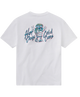 White t-shirt with a graphic design on the back featuring text and a character.