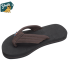 Brown sandal with black sole on a white background, featuring a 'Youth' logo with a dog graphic.