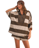 Woman wearing a brown and beige striped cover-up on a white background