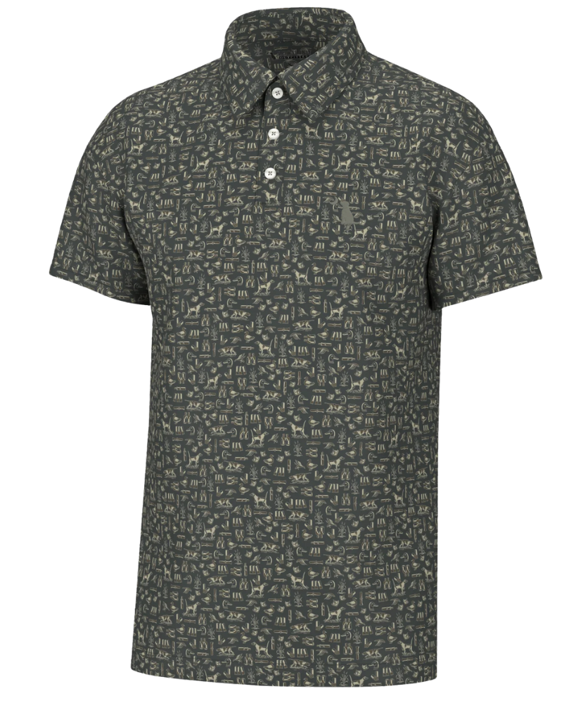 Brown and Green patterned polo shirt on a white background. The Hunt Polo
