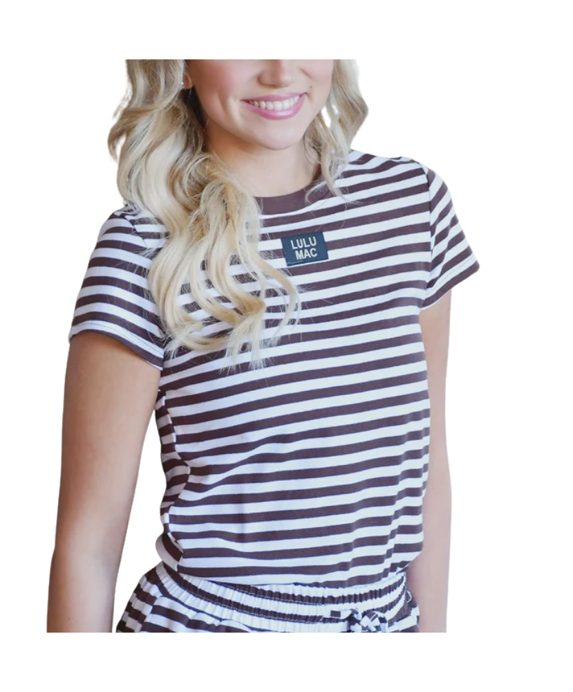 Woman wearing a striped shirt with 'Lulu Mac' logo on a white background