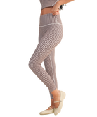 Person wearing gingham checkered leggings on a white background