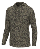 A long-sleeve hooded quarter-zip pullover in an olive green and dark gray camouflage pattern, shown on a plain white background.