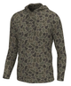 A long-sleeve hooded quarter-zip pullover in an olive green and dark gray camouflage pattern, shown on a plain white background.