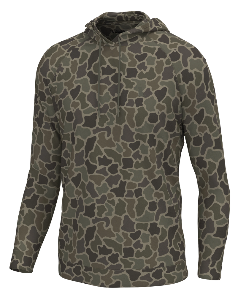 A long-sleeve hooded quarter-zip pullover in an olive green and dark gray camouflage pattern, shown on a plain white background.