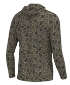 A long-sleeve hooded shirt with an all-over camouflage pattern in shades of olive green, dark gray, and brown, shown from the back on a white background.