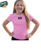 Girl wearing a pink Lulu Mac t-shirt with a brand logo on a white background