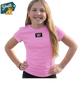 Girl wearing a pink Lulu Mac t-shirt with a brand logo on a white background