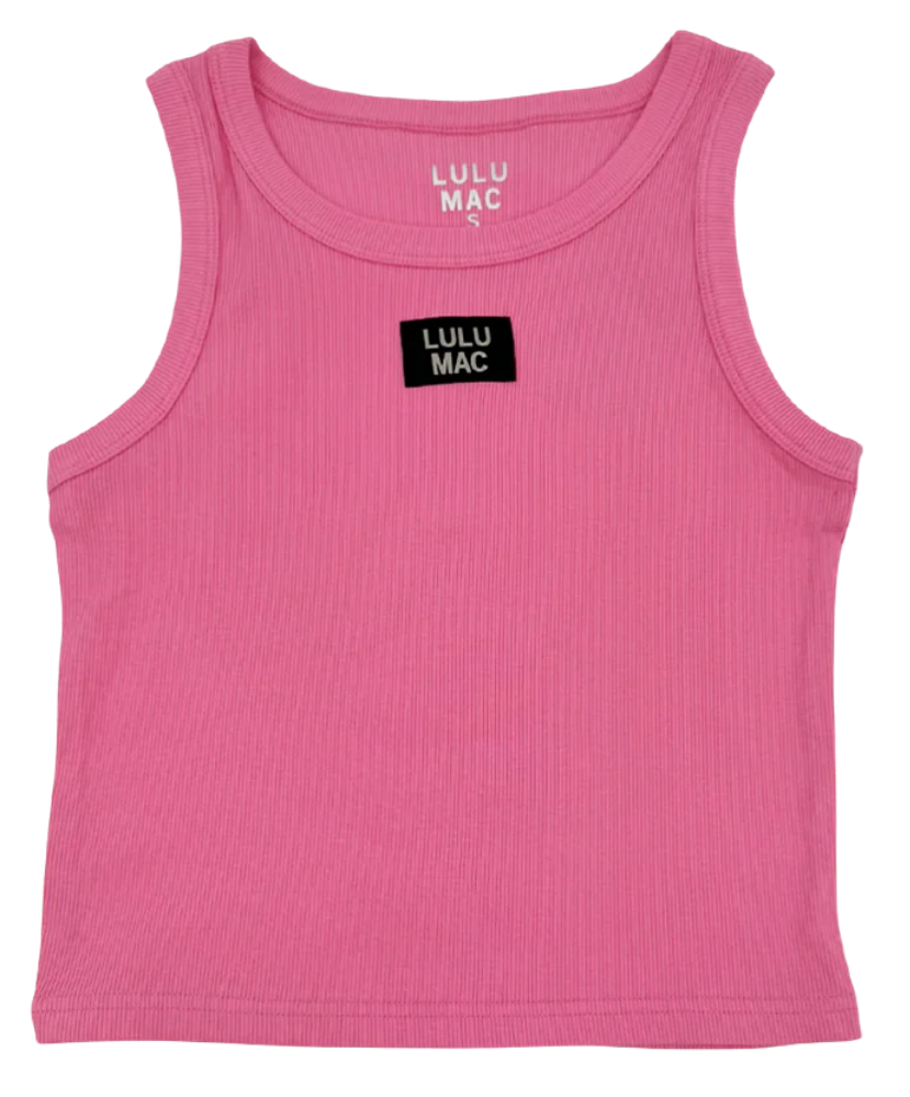 Pink tank top with Lulu Mac label on a white background
