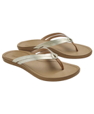 Pair of tan OLUKAI sandals with silver straps on a white background