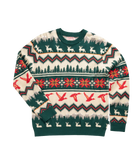 Christmas-themed sweater with reindeer, trees, and snowflakes on a white background