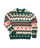 Christmas-themed sweater with reindeer, trees, and snowflakes on a white background