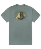 Green t-shirt with a graphic of three labrador dogs on the back, on a white background