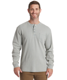 Man wearing a burnt sage long-sleeve henley shirt on a white background