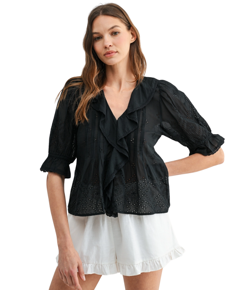 Eyelet Ruffle Pintuck Blouse Puff Sleeve Top