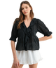 Eyelet Ruffle Pintuck Blouse Puff Sleeve Top