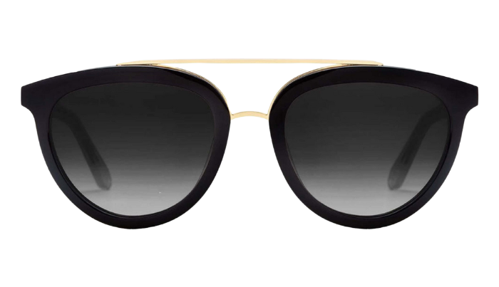 Black sunglasses with gold frame on a white background