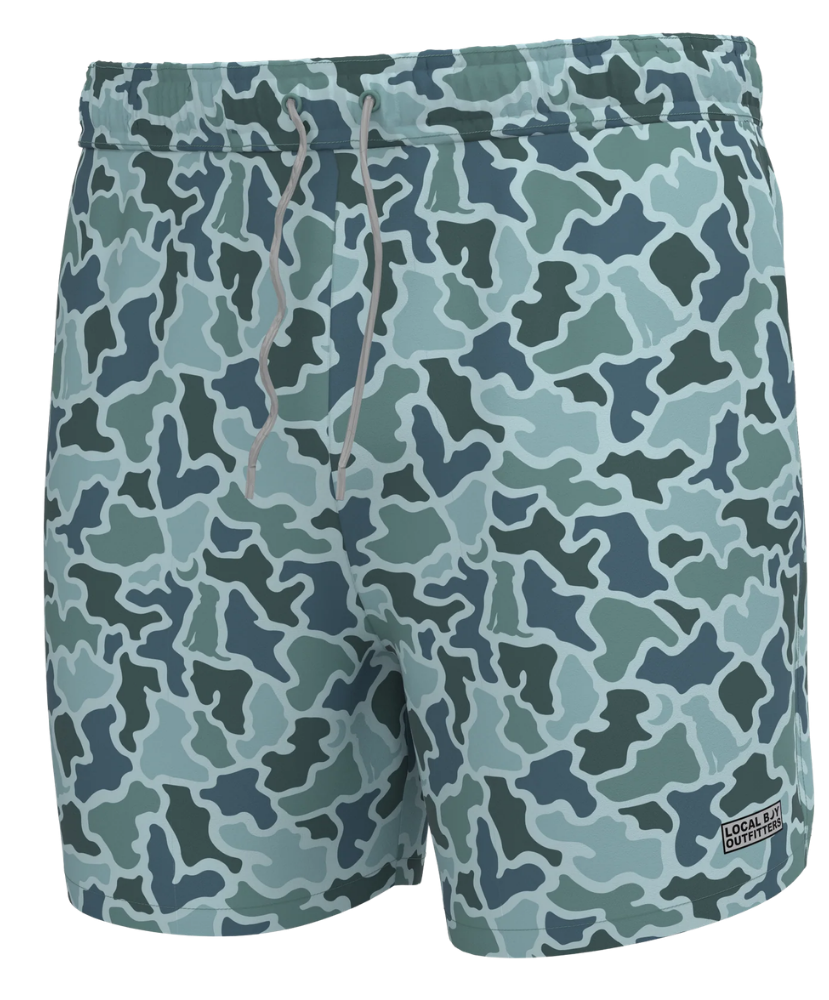 Camouflage-patterned swim trunks on a white background