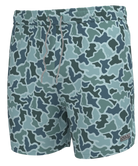 Camouflage-patterned swim trunks on a white background