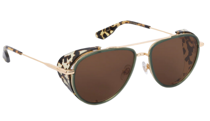 Krewe Sunglasses with leopard print temple tips on a white background