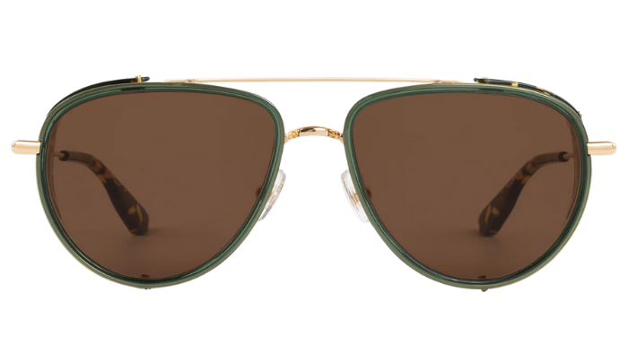 Krewe Sunglasses with green frame and brown lenses on a white background