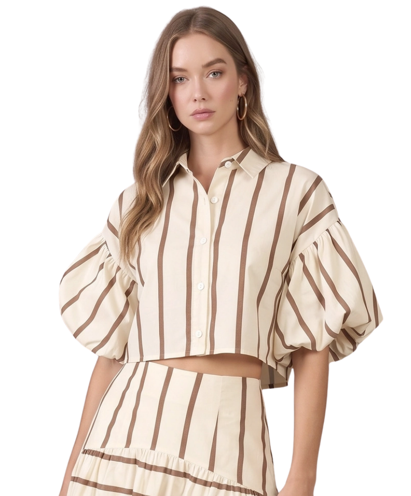 Striped Puff Sleeve Button-Down Crop Top