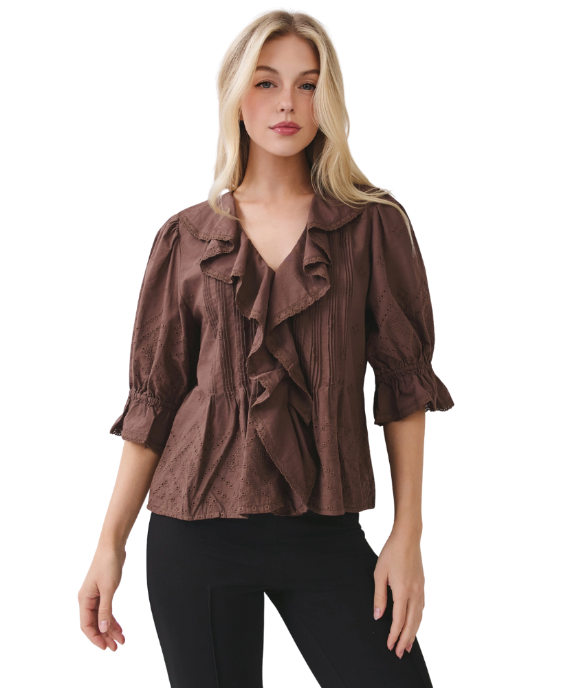 Eyelet Ruffle Pintuck Blouse Puff Sleeve Top