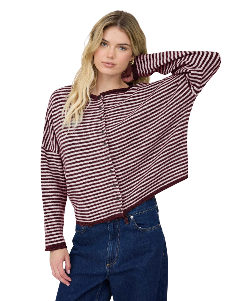 Brooklyn Stripe Raw Edge Drop Shoulder Knit Cardigan