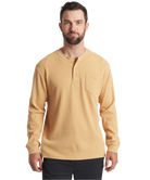 Man wearing a beige long-sleeve henley shirt on a white background