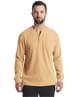 Man wearing a beige long-sleeve henley shirt on a white background