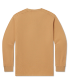 Tan long-sleeve henley shirt on a white background