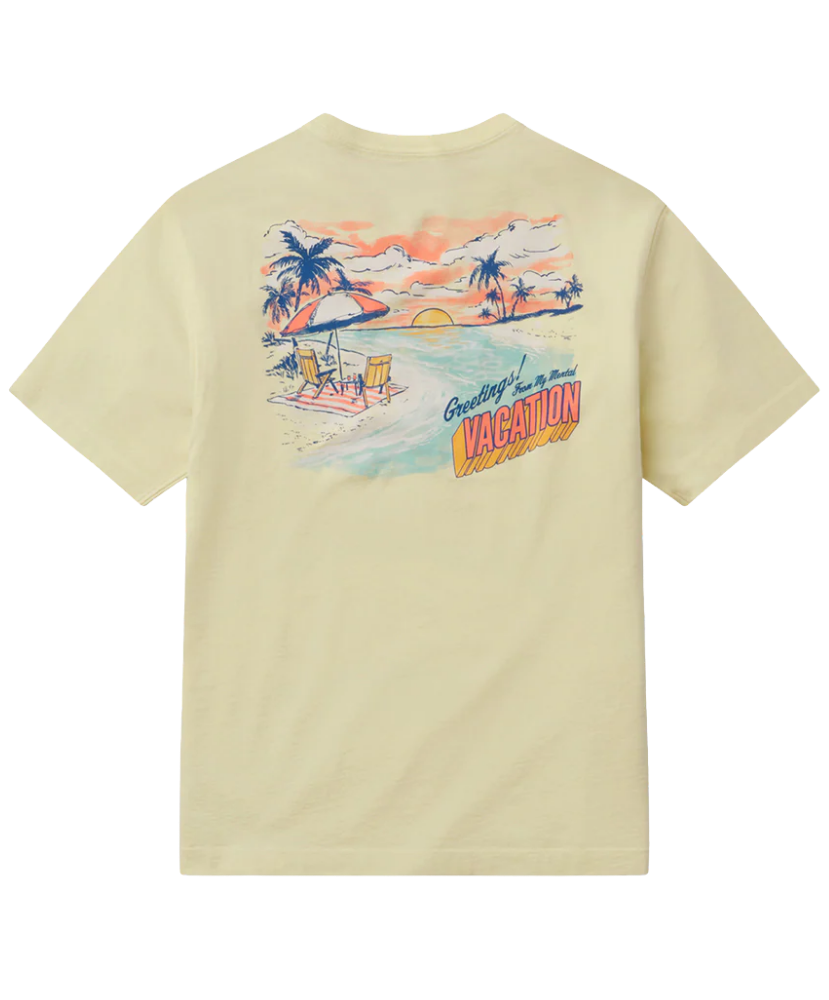 Beige t-shirt with a beach graphic and 'Vacation' text on a white background