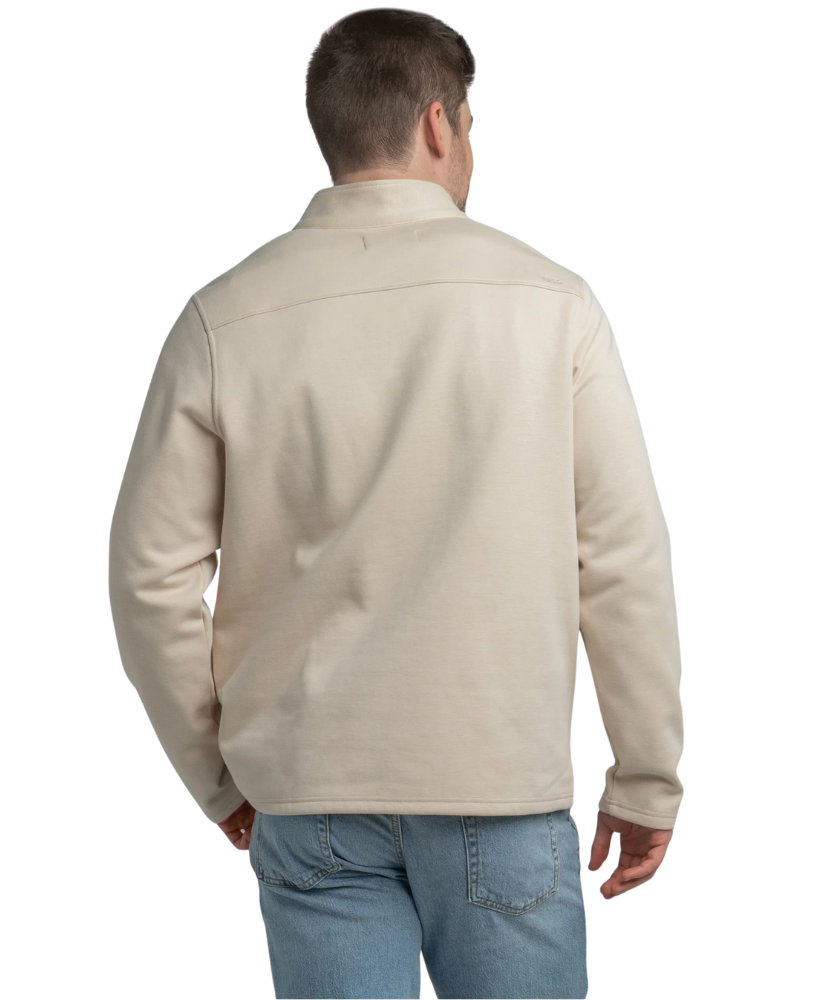 Tan quarter zip pullover with a plaid shirt underneath on a white background