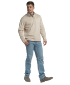 Tan quarter zip pullover with a plaid shirt underneath on a white background