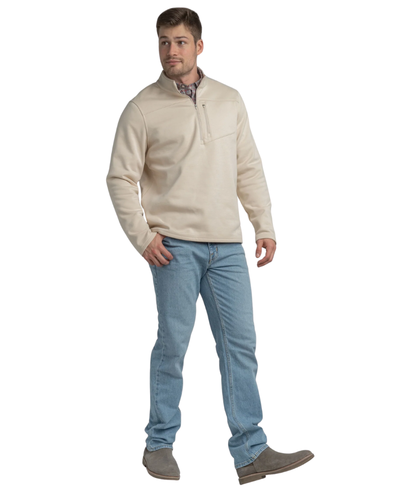 Tan quarter zip pullover with a plaid shirt underneath on a white background