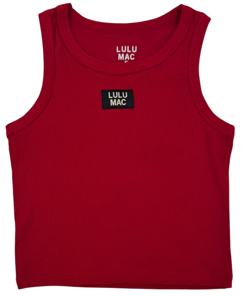 Red tank top with Lulu Mac branding on a white background