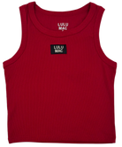 Red tank top with Lulu Mac branding on a white background