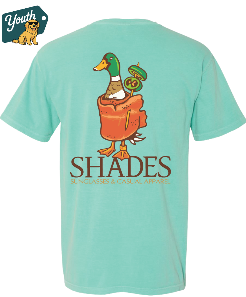 Teal YOUTH t-shirt with a duck graphic and 'SHADES' text on a white background