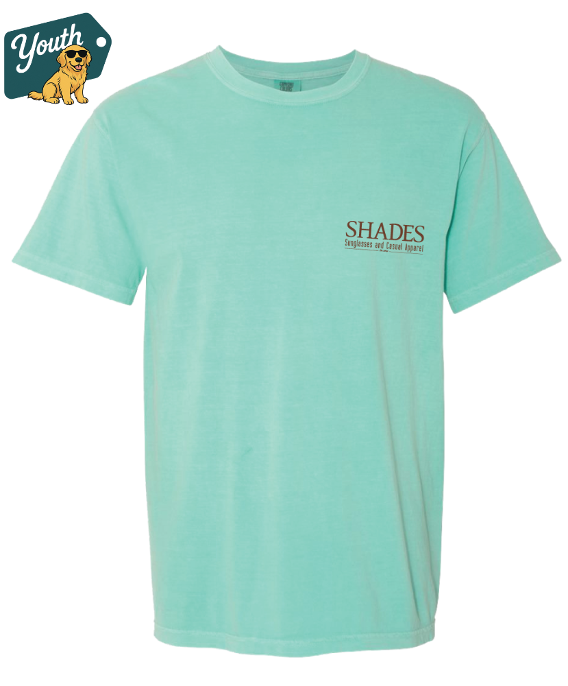 CHALKY MINT t-shirt with 'SHADES' text on a white background