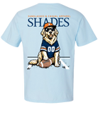 A light blue short-sleeve t-shirt shown from the back, featuring a graphic of a golden retriever wearing a navy and orange football jersey, sunglasses, and an orange cap, sitting next to a football. The word 'SHADES' is printed in large navy letters above the dog, with smaller orange text reading 'SUNGLASSES & CASUAL APPAREL' above that.