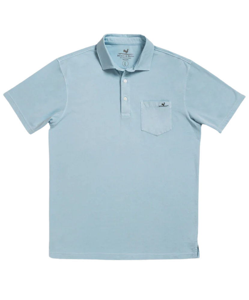 Light blue Beach & Barn polo shirt with a pocket on a white background