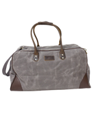 Gray duffel bag with brown handles and accents on a white background
