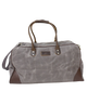 Gray duffel bag with brown handles and accents on a white background