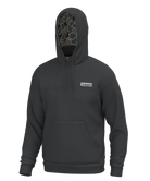 A dark gray pullover hoodie with a drawstring hood, kangaroo pocket, and a small white rectangular logo patch on the left chest. The inside of the hood features a camouflage pattern lining.