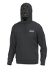A dark gray pullover hoodie with a drawstring hood, kangaroo pocket, and a small white rectangular logo patch on the left chest. The inside of the hood features a camouflage pattern lining.