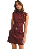 Woman wearing a maroon dress with a belt on a white background