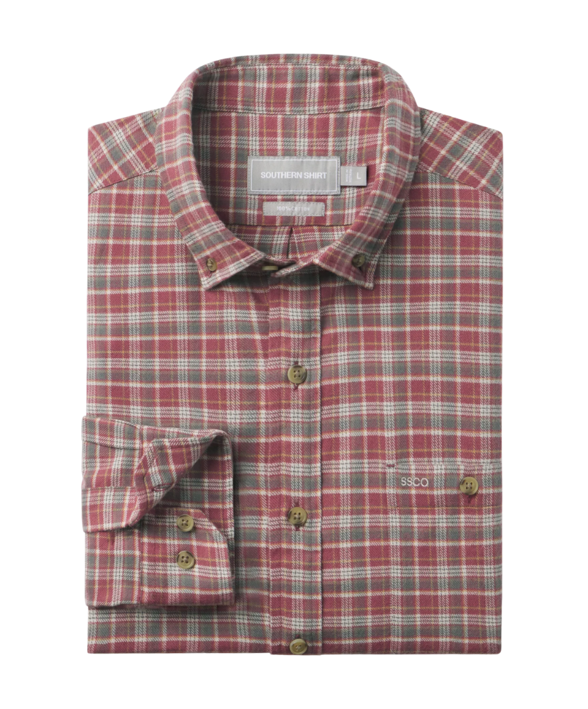 Red and gray plaid shirt with brand labels on a white background