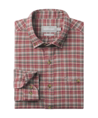 Red and gray plaid shirt with brand labels on a white background