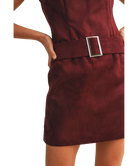 Maroon dress with a belt and silver buckle on a white background