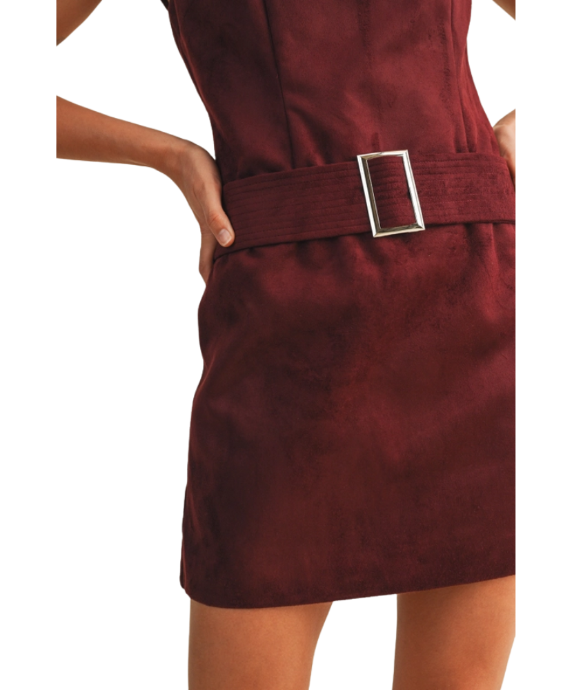 Maroon dress with a belt and silver buckle on a white background